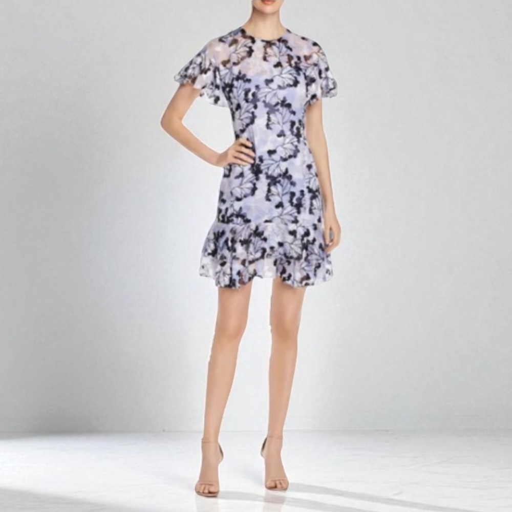 New! ELIE TAHARI Yonica Wild Iris Silk Blend Floral Burnout Dress Flounce Size 4